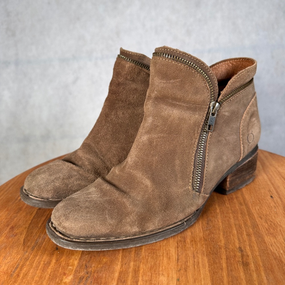 Born Suede Ankle Boots Womens 8.5 Brown Good Double Zip Block Heel BR0041417